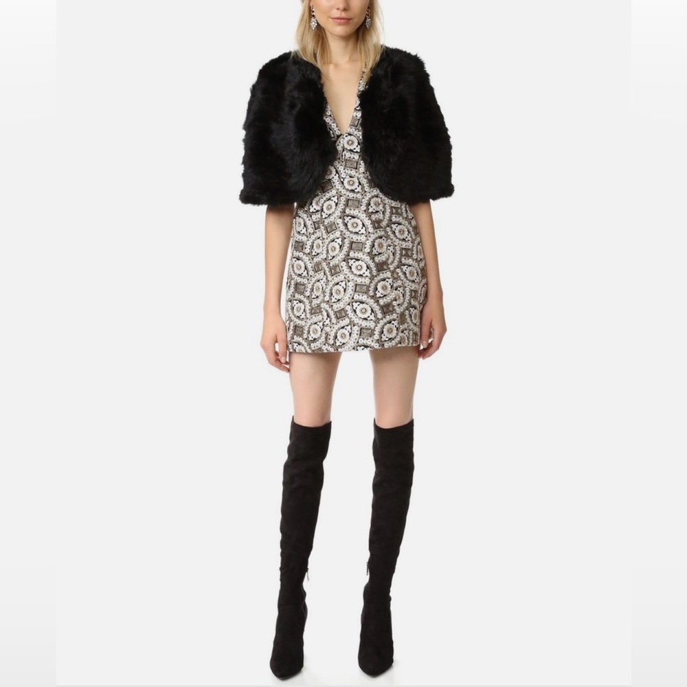 Alice + Olivia Patty Embroidered A-Line Dress Black Cream Gold Size 2